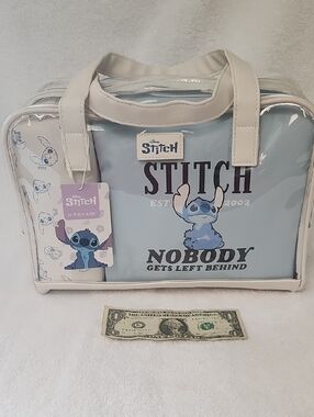 Disney Stitch 3 Piece Light Blue, White, And Clear Travel Cosmetic Case Set